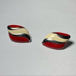 Vintage Red And White?Enamelled Stud Earrings With Silver Tone Accents